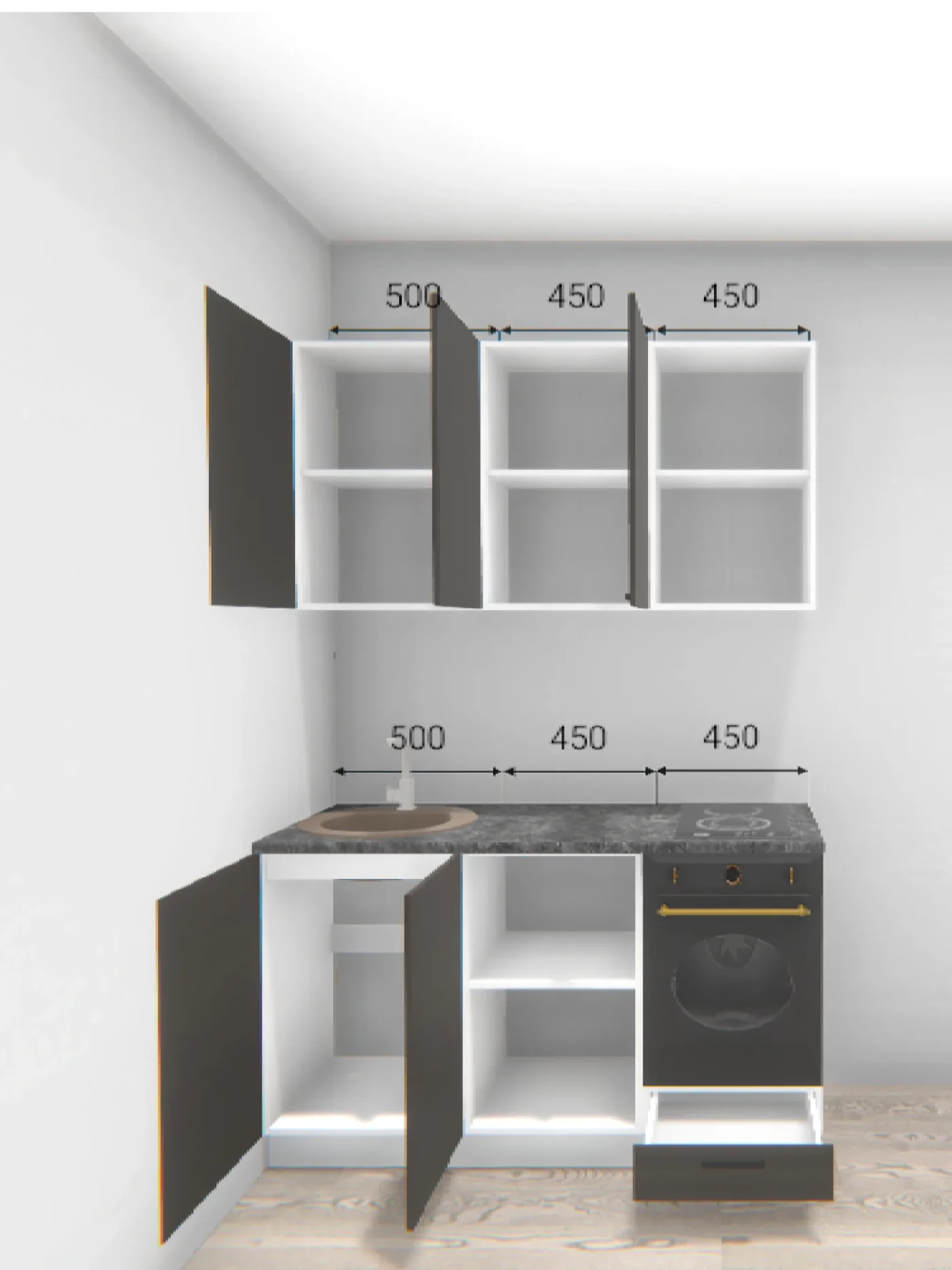Модульная кухня Альфа 140х200х60 см, цвет холст вулкан/белый/кастилло темный
